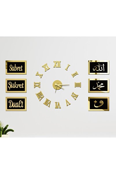 MirArt Gümüş Aynalı Pleksi Saat Ve 6lı Sabret, Şükret,dua Et Seti Duvar Panos...