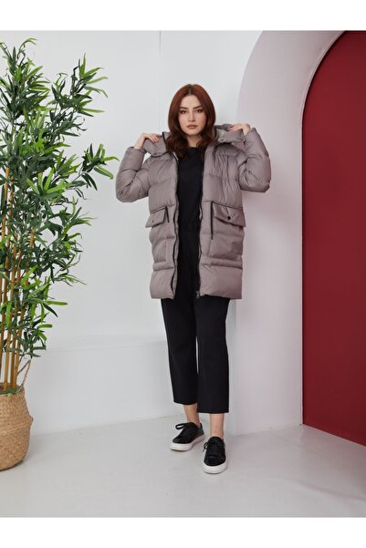 KMKkombin Жіноче бордове надувне пальто з капюшоном на блискавці