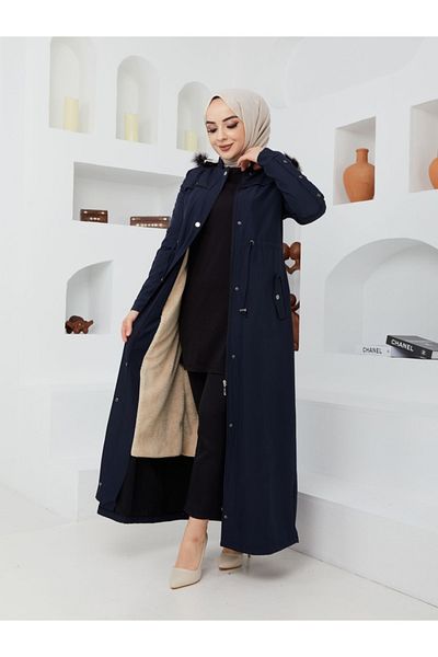KMKkombin Water Prof Brown Fur Lined Winter Full Length Women's Long Topcoat Coat