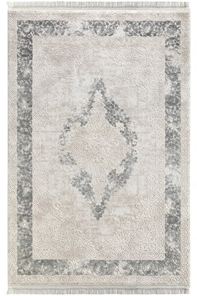 Flora Ayşıl Saçaklı Modern Akrilik Halı 1716a-gri 80 X 150