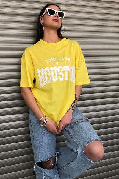 MODAGEN Houston nyomtatott női Salas Oversize sárga póló Boyfriend