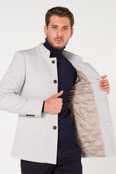 AtakGiyim Men's Gray White Stand Collar Stamp Slope Coat