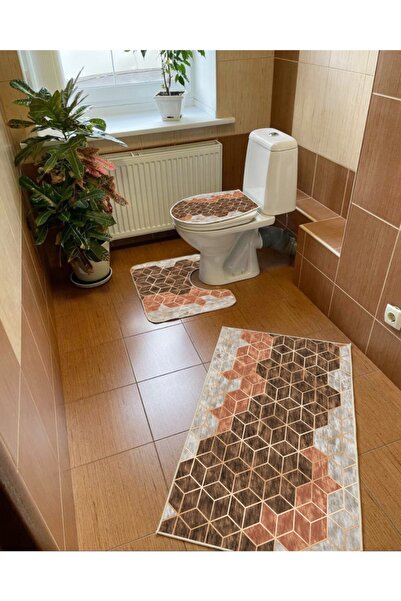 Modern home Geometric Pattern Set of 3 Bath Mat, Toilet Seat Set Non-Slip Bas...
