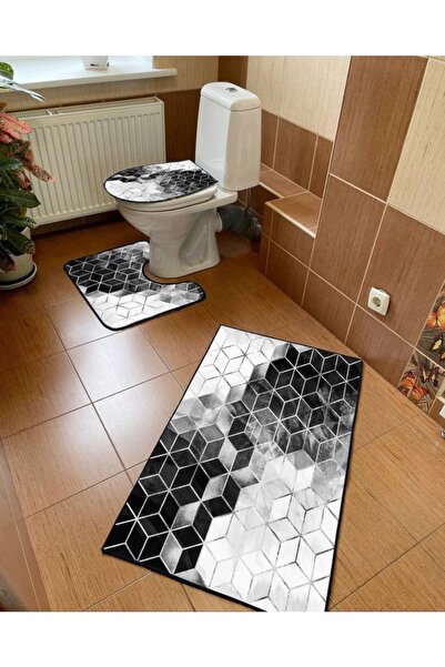 Modern home Geometrik Desen 3'lü Set Banyo Paspası, Klozet Takımı Kaymaz Taba...