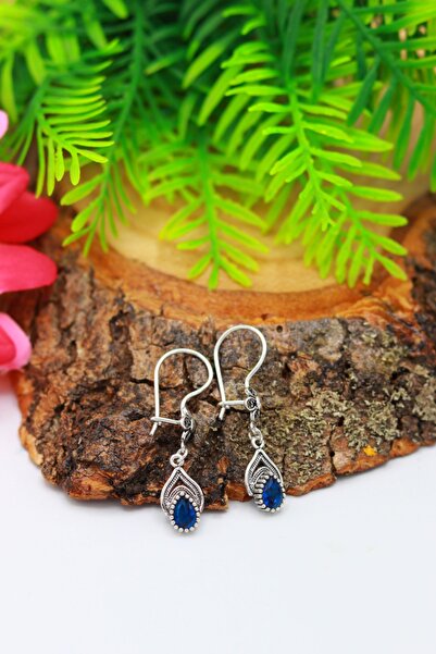 Midyat Nurtaş Gümüş Safir Taşlı Damla Model Telkari Gümüş Küpe