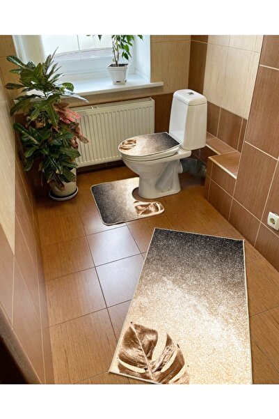 Modern home Gold Leaf Detail 3-Piece Bath Mat, Toilet Seat Set Non-Slip Base ...