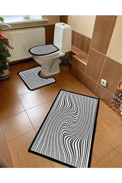 Modern home Linear Patterned 3-Piece Bathroom Mat, Washable Toilet Seat Set N...