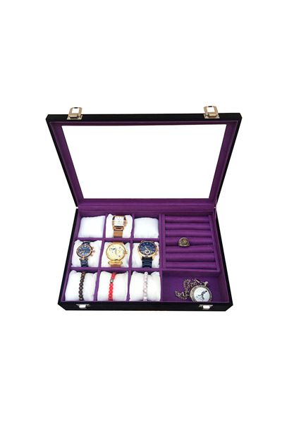 Polo Cross ساعة + حلقة + أزرار أكمام + نظارات صندوق مجوهرات متعدد الأغراض من جلد الغزال الأسود داخل الأرجواني