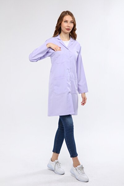 Çamdalı İş Elbiseleri Lila Alpaka Kadın Iş Önlük - Lila Kadın Iş Önlüğü Çıt Çıtlı 2 Cepli Arkası Kuşaklı Ceket Yakalı