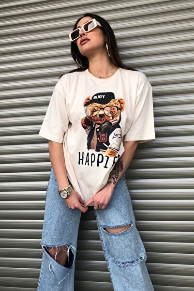 MODAGEN Women's Happier Oversize Printed Beige T-shirt