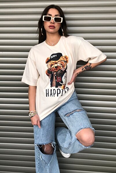 MODAGEN Women's Happier Oversize Printed Beige T-shirt