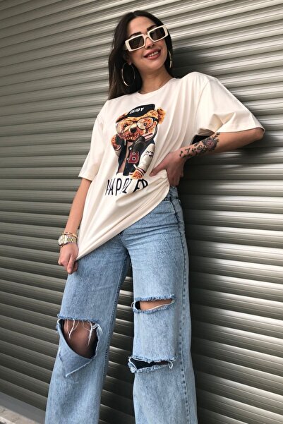 MODAGEN Women's Happier Oversize Printed Beige T-shirt