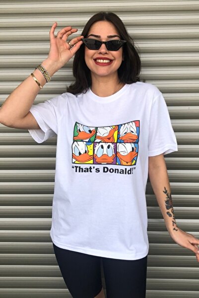 MODAGEN Kadın Donald Duck Baskılı Oversize Beyaz T-shirt