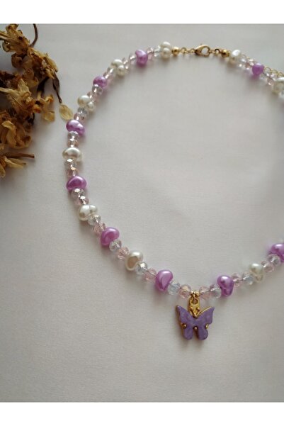 Fata Morgana Accessory Kelebek Uçlu Lila Barok Incili Kristal Boncuk Kolye
