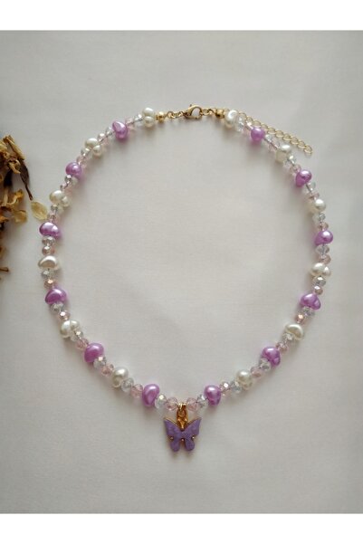 Fata Morgana Accessory Kelebek Uçlu Lila Barok Incili Kristal Boncuk Kolye