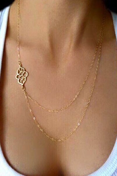 Dmn telkari Silver Yaprak Model Altın Kaplama Çift Zincirli Gümüş Kolye