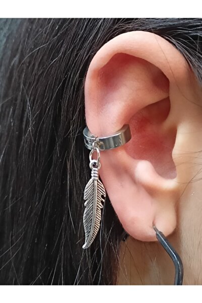 TakıConcept Deliksiz Sıkıştırma Tüy Sallantılı Ear Cuff Çelik Küpe