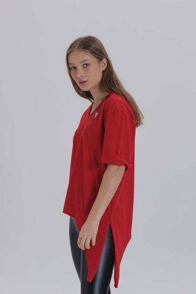 DAVID&GERENZO Red Women's Paris Print Detail Asymmetric Cut T-shirt
