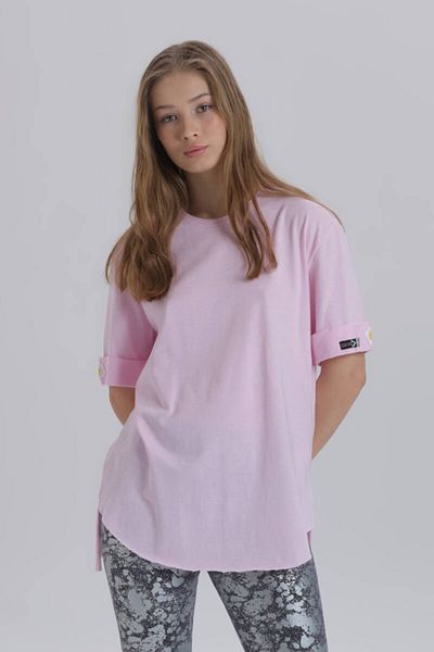 DAVID&GERENZO Pink Women's Daisy Sleeve Detail Asymmetrical Cutout Crew Neck Knitted T-Shirt