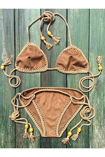 NevRa Örgüleri Süet Tığ Örgü Bikini Takımı Camel Rengi