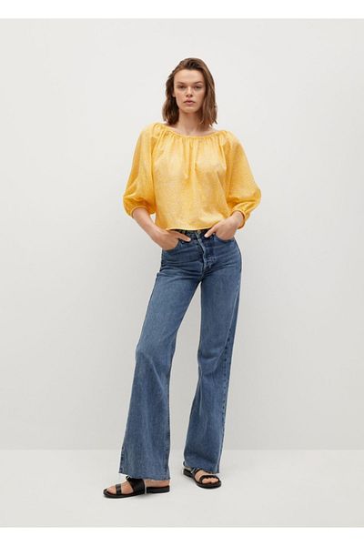 MANGO Woman Γυναικεία βαμβακερή μπλούζα με κίτρινο σχέδιο