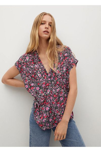 MANGO Woman Women's Black Wide Cut Patterned Blouse