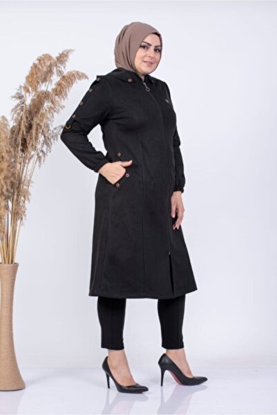 GÜZELLER Büyük Beden Çıkarılabilir Kapşonlu Süet Trenç Kap Siyah
