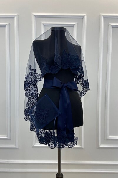 ZEYMERADE Lacivert Dantelli Gelin Duvak Eldiven Kuşak Komple Set