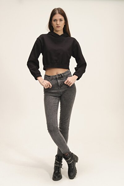 PUNKY CAT Women's Black Hooded Crop Sweatshirt with Fleece Inside