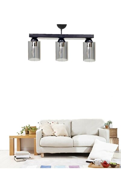 ÖZBAK AVİZE Füme Camlı 3'lü Sıralı Japon Modern Sarkıt Salon Avizesi Siyah