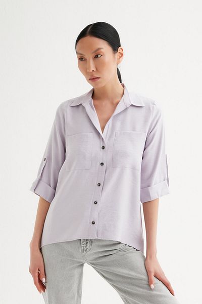 Açelya Okcu Women's Purple Oversize Three-Quarter Sleeve Pocket Shirt