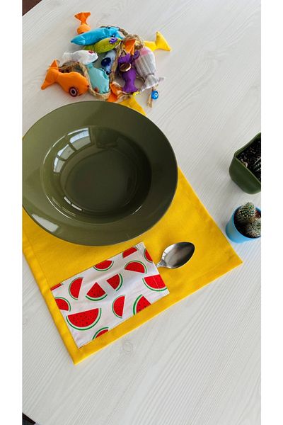 White Alamode Yellow Colored Watermelon Pattern Pocket Placemat
