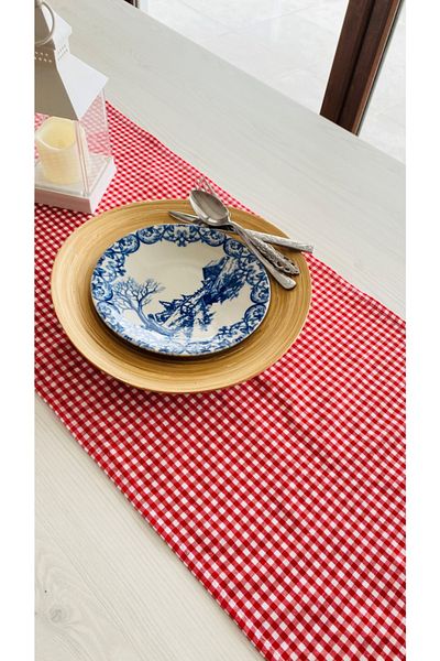 White Alamode Gingham Roșu Alb Long Flat Runner