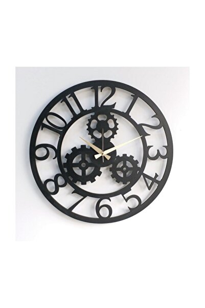 Genel Markalar Dekoratif Duvar Saati Dişli Çarklı 50cm.siyah Ahşap 6mmmdf Sessiz