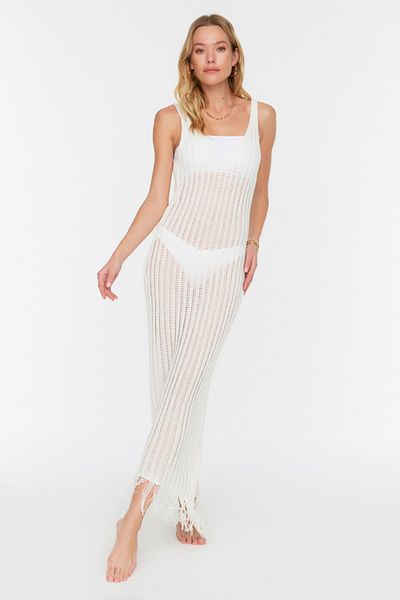 Trendyol Collection Maxi-Strandkleid aus Strick mit Troddeln in Ecru - TBESS22EL2920