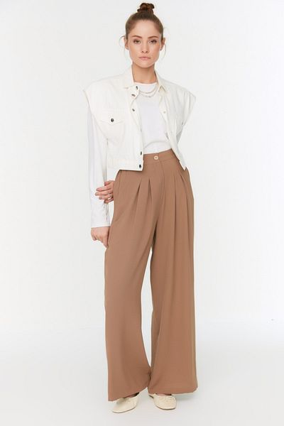 Trendyol Modest Velbloudí tkané kalhoty s vysokým pasem a širokými nohami TCTSS22PL0055