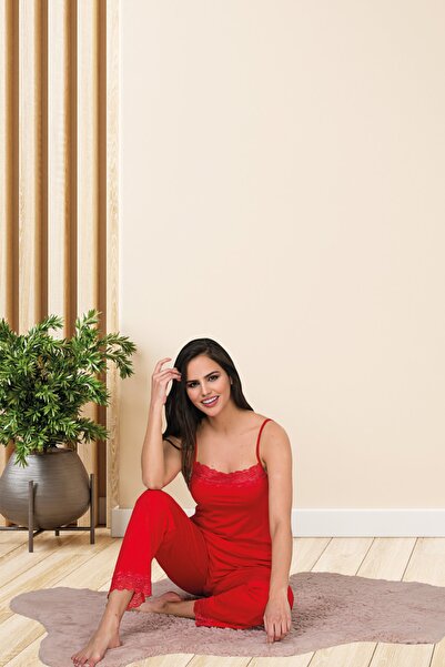 MyBen Kadın Kırmızı Renkli Pamuklu Likralı Askılı Dantel Detaylı Pijama Takımı 28451