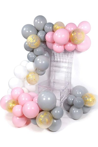 LOTUS PARTY 100 Pieces - Metelik Gray White Pink - Transparent Balloon Chain Set