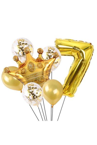MERİ PARTİ Birthday 7 Year Old Gold King Queen Crowned Foil Balloon Set Age 7 Year 76 cm Balloon Set Helium