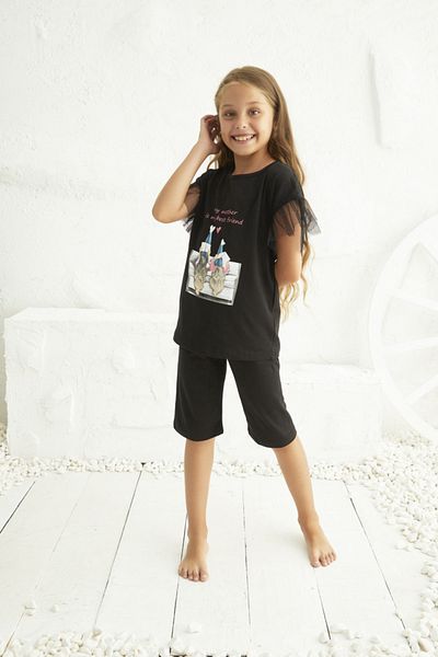 Siyah İnci Black Short Sleeve Cotton Lycra Capri Set