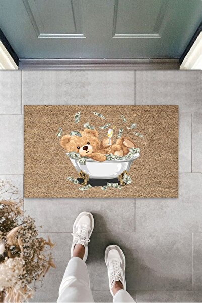 Silkcoat Home سجادة باب رقمية باللون البيج - دمية دب Ps1020 في منطقة منخفضة وحوض الاستحمام