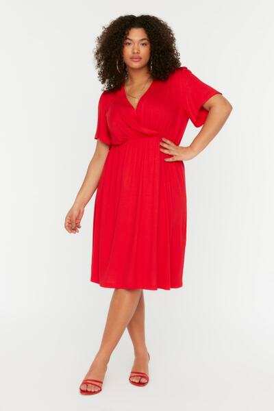 Trendyol Curve Red Double Breasted Collar Knitted Dress TBBSS22EL2529