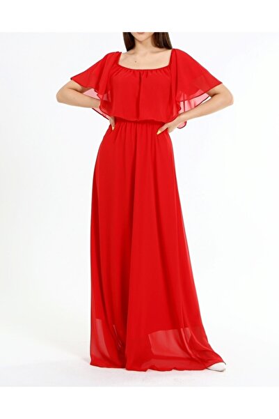 Bersi Butik Long Chiffon Carmen Collar Shooting Dress