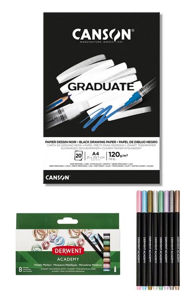 GLANCE Canson Graduate A4 Black Block 120 Gr 20 Sheets Derwent 98212 Academy Metallic Marker Pen Set of 8