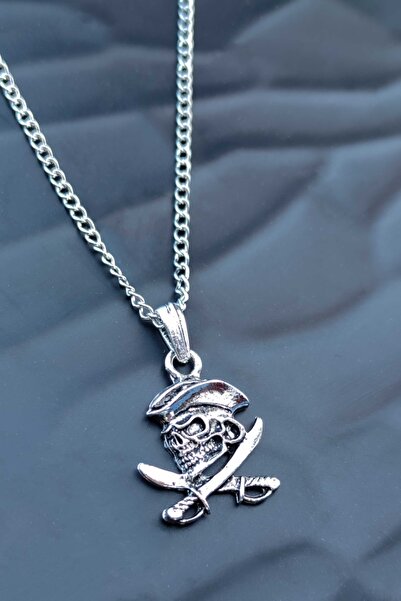 The Collection Antik Gümüş Kaplama Korsan Kuru Kafa Kılıç Erkek Kolye