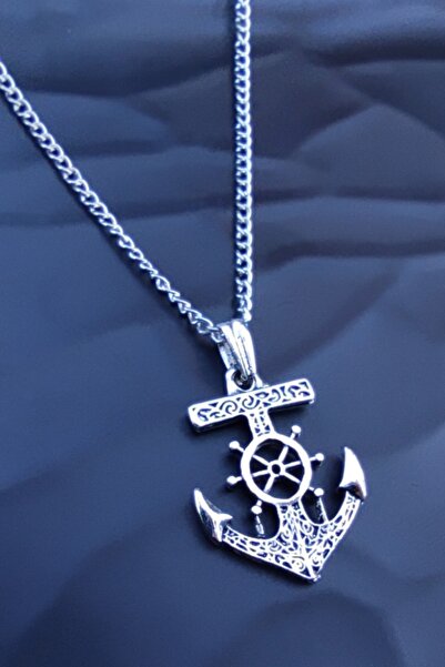 The Collection Antik Gümüş Kaplama Dümen Detaylı Çapa Erkek Kolye