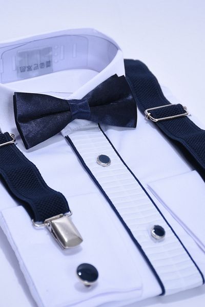 ceocuk Cămașă albă cu butoni și set papion cu bretele bleumarin