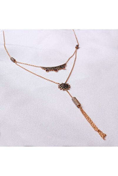 Altınöz Mücevherat Ametist Taşlı Çift Zincir Tasarım Rose Altın Kolye