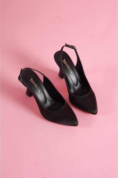 DİVOLYA Rozalinda Black Satin Pointed Front Daily Use Heeled Shoes