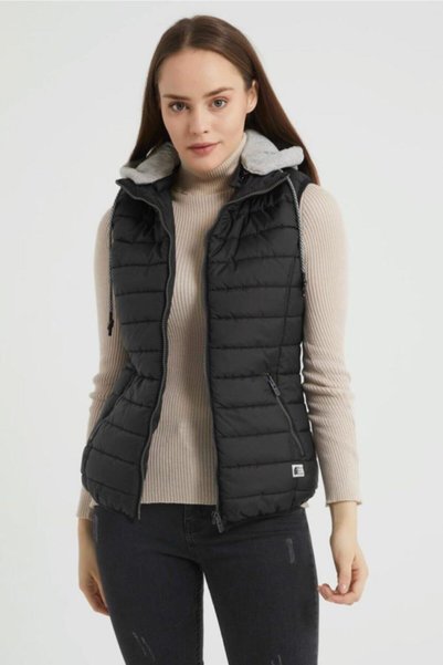 Wise Women's Hooded Combed Cotton Lined Puffer Vest - black